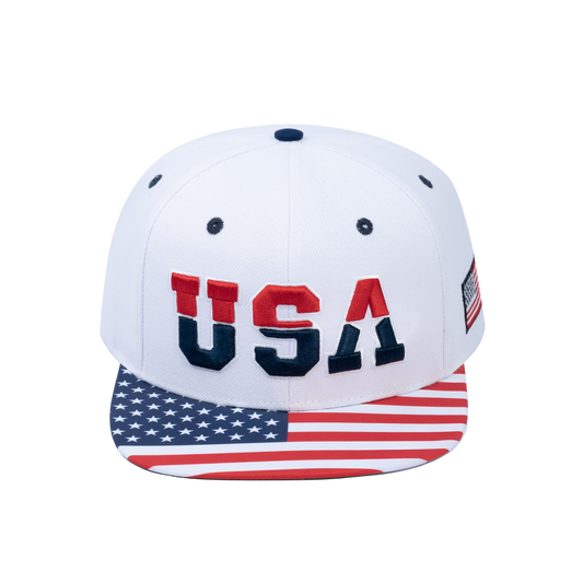 Classic US American Flag 6-Panel Snapback Flat Bill Baseball Cap with White front and White back