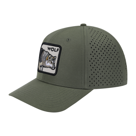 Wolf 6-Panel Microfiber Laser Hole Trucker Hat with Olive front and Olive back