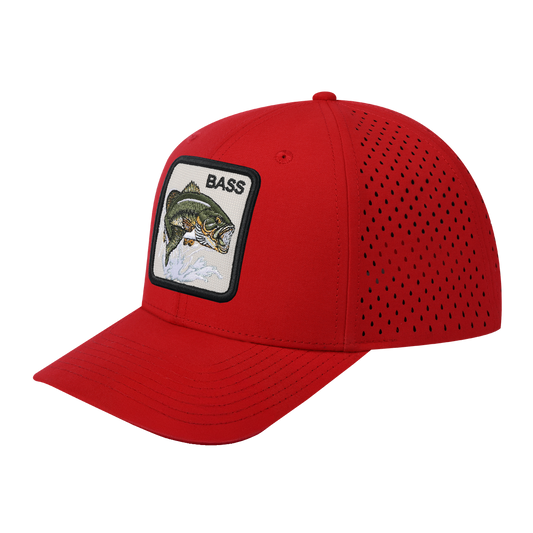 Bass 6-Panel Microfiber Laser Hole Trucker Hat with Red front and Red back