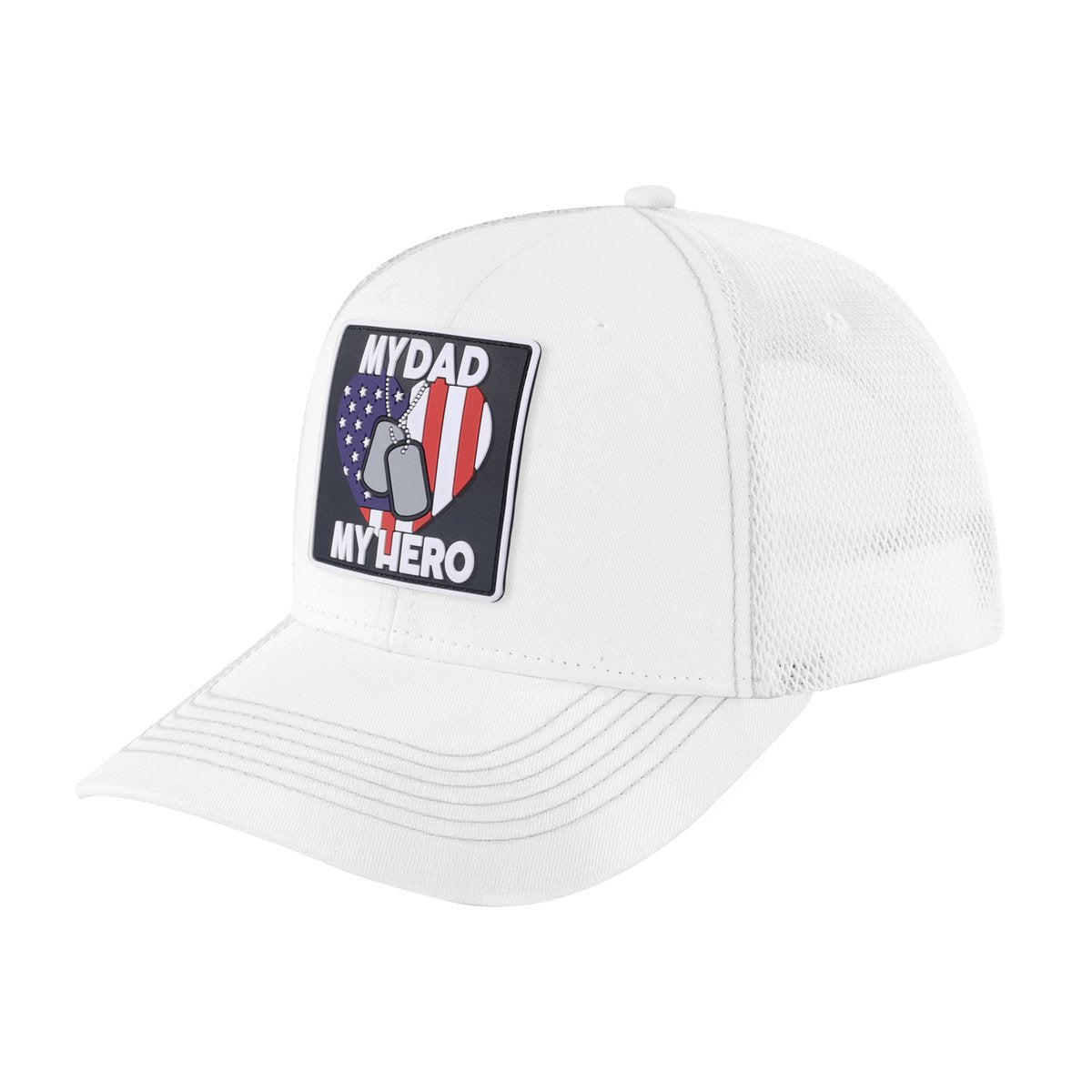 Unisex Embroidered My Dad My Hero, 6-Panel Trucker Hat, White/White, Adjustable Fit