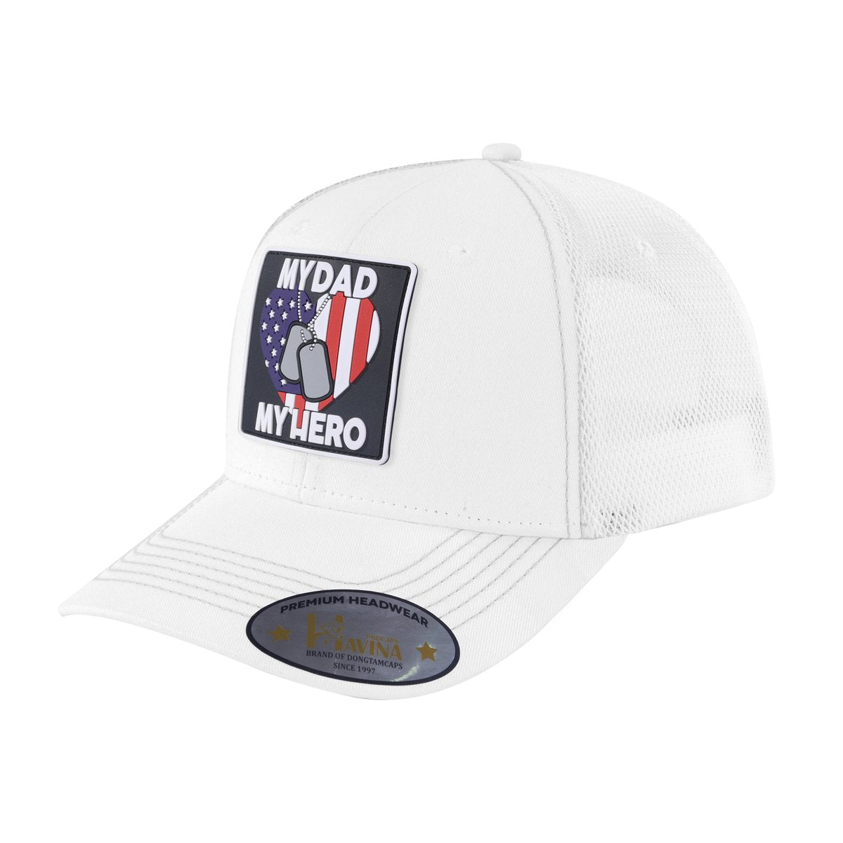 Unisex Embroidered My Dad My Hero, 6-Panel Trucker Hat, White/White, Adjustable Fit