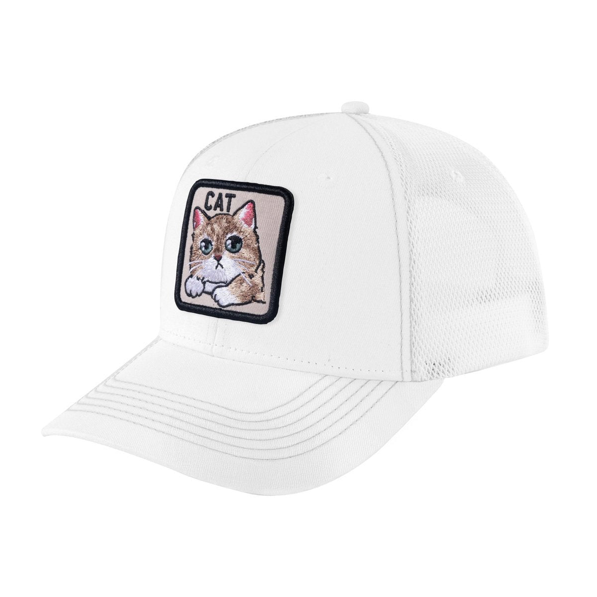 Unisex Embroidered The Cat, 6-Panel Trucker Hat, White/White, Adjustable Fit