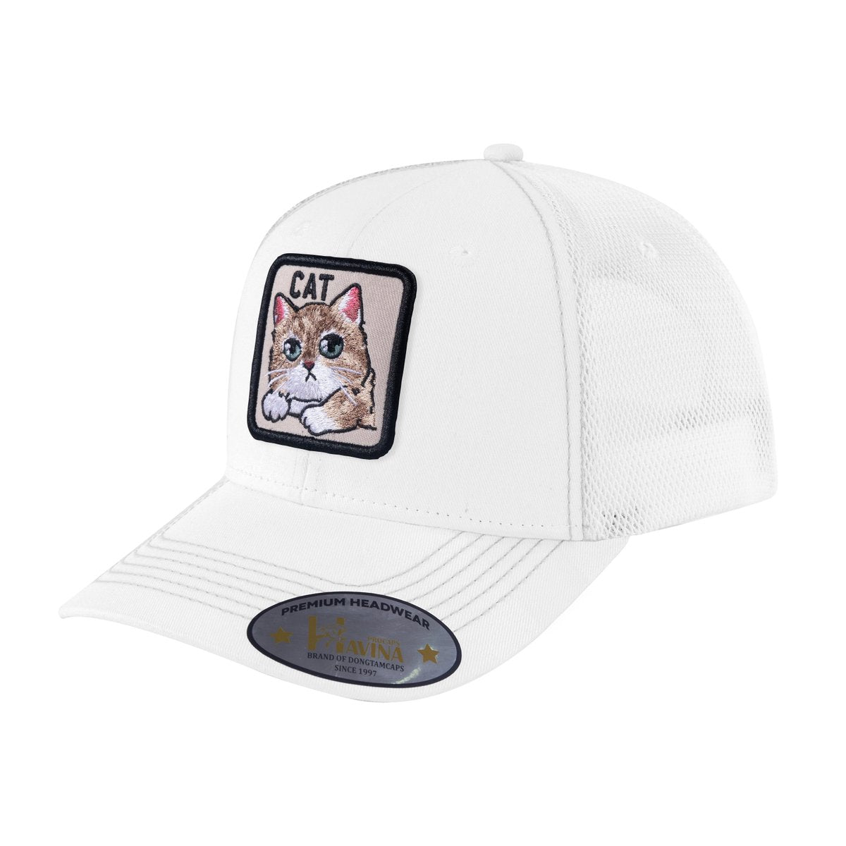 Unisex Embroidered The Cat, 6-Panel Trucker Hat, White/White, Adjustable Fit
