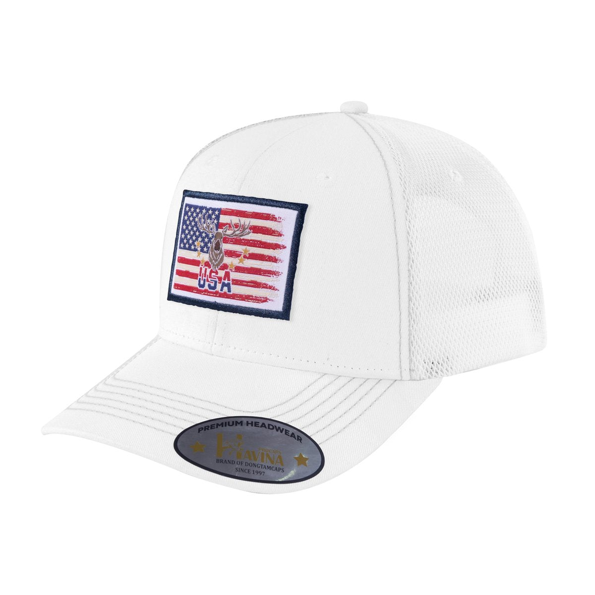 Unisex Embroidered US Deer Hunter, 6-Panel Trucker Hat, White/White, Adjustable Fit