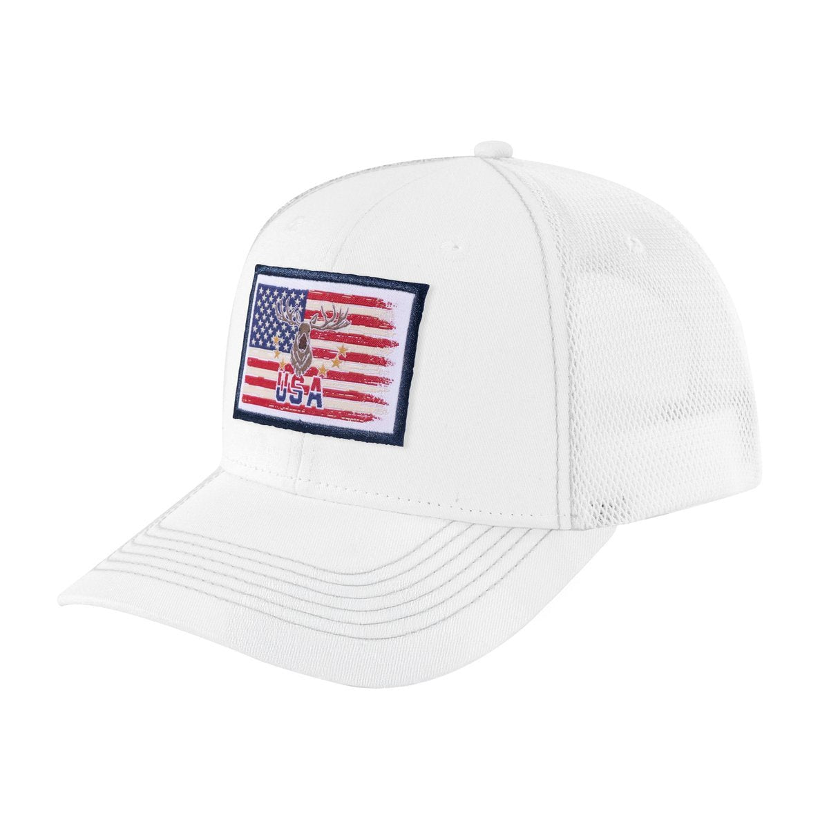 Unisex Embroidered US Deer Hunter, 6-Panel Trucker Hat, White/White, Adjustable Fit