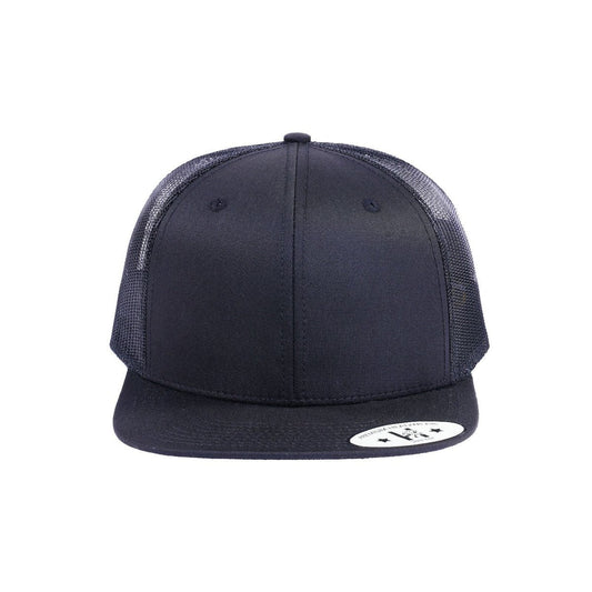 Blank 6-Panel Snapback Flat Bill Trucker Hat with Black front and Black back