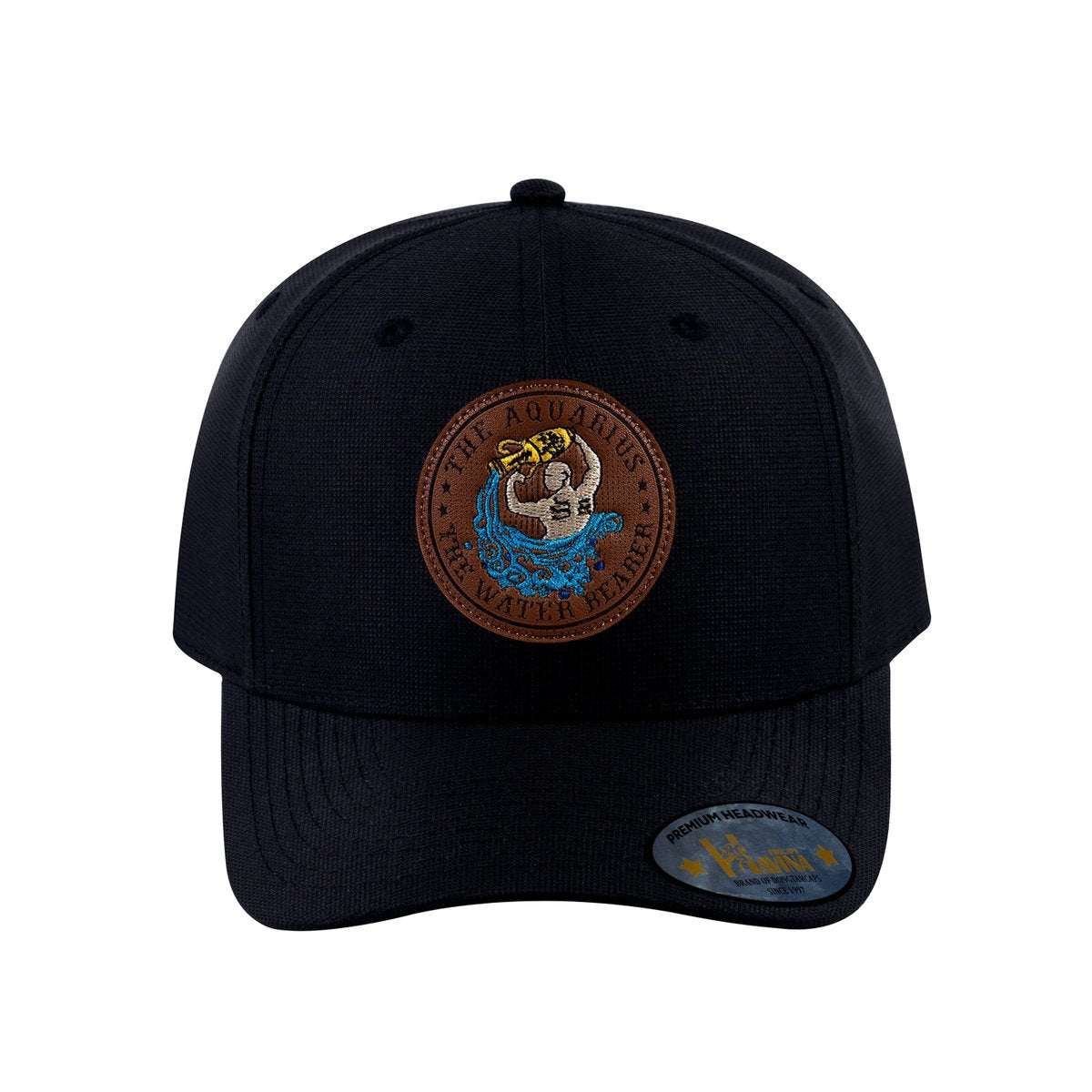 Unisex V2 Embroidered And Laser-Engraved Aquarius Zodiac (January 20, February 18), 6-Panel Baseball Cap, Black/Black, Adjustable Fit
