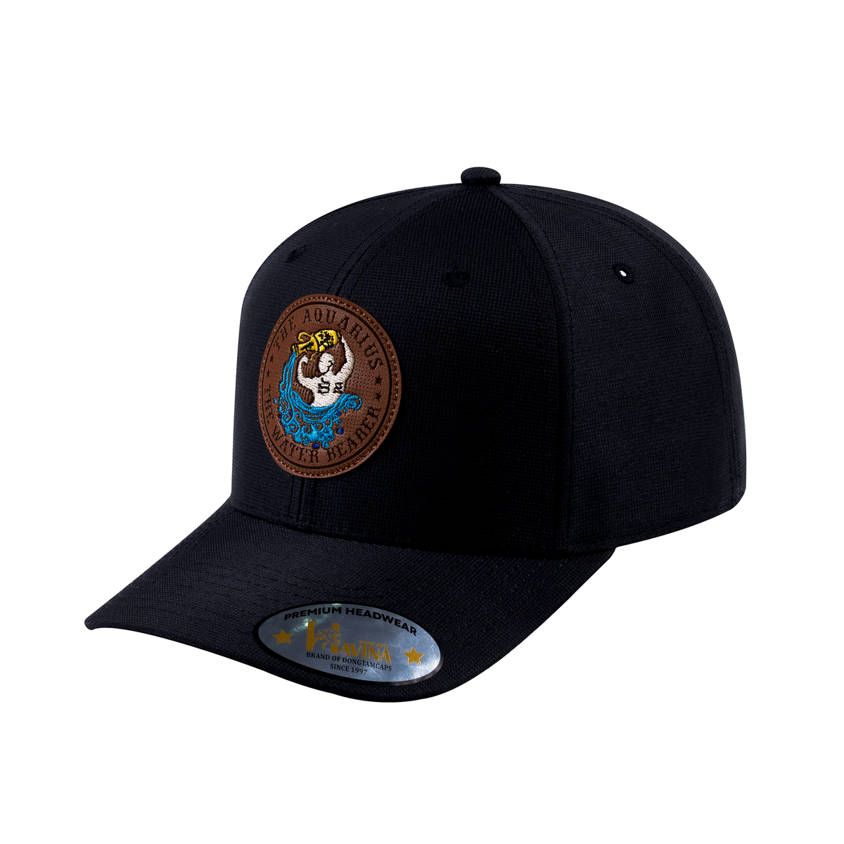 Unisex V2 Embroidered And Laser-Engraved Aquarius Zodiac (January 20, February 18), 6-Panel Baseball Cap, Black/Black, Adjustable Fit