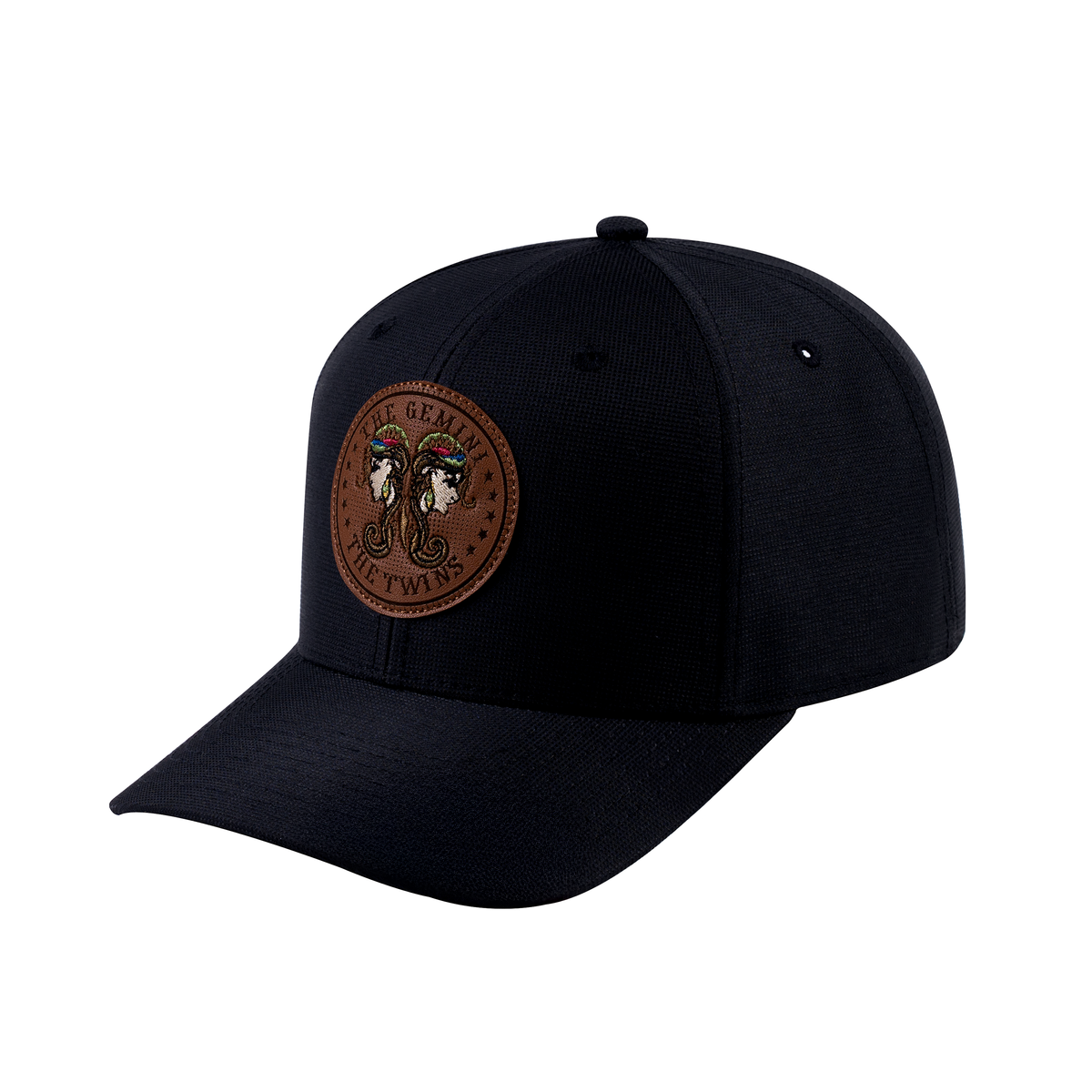 Unisex V2 Embroidered And Laser-Engraved Gemini Zodiac (May 21, June 20), 6-Panel Baseball Cap, Black/Black, Adjustable Fit