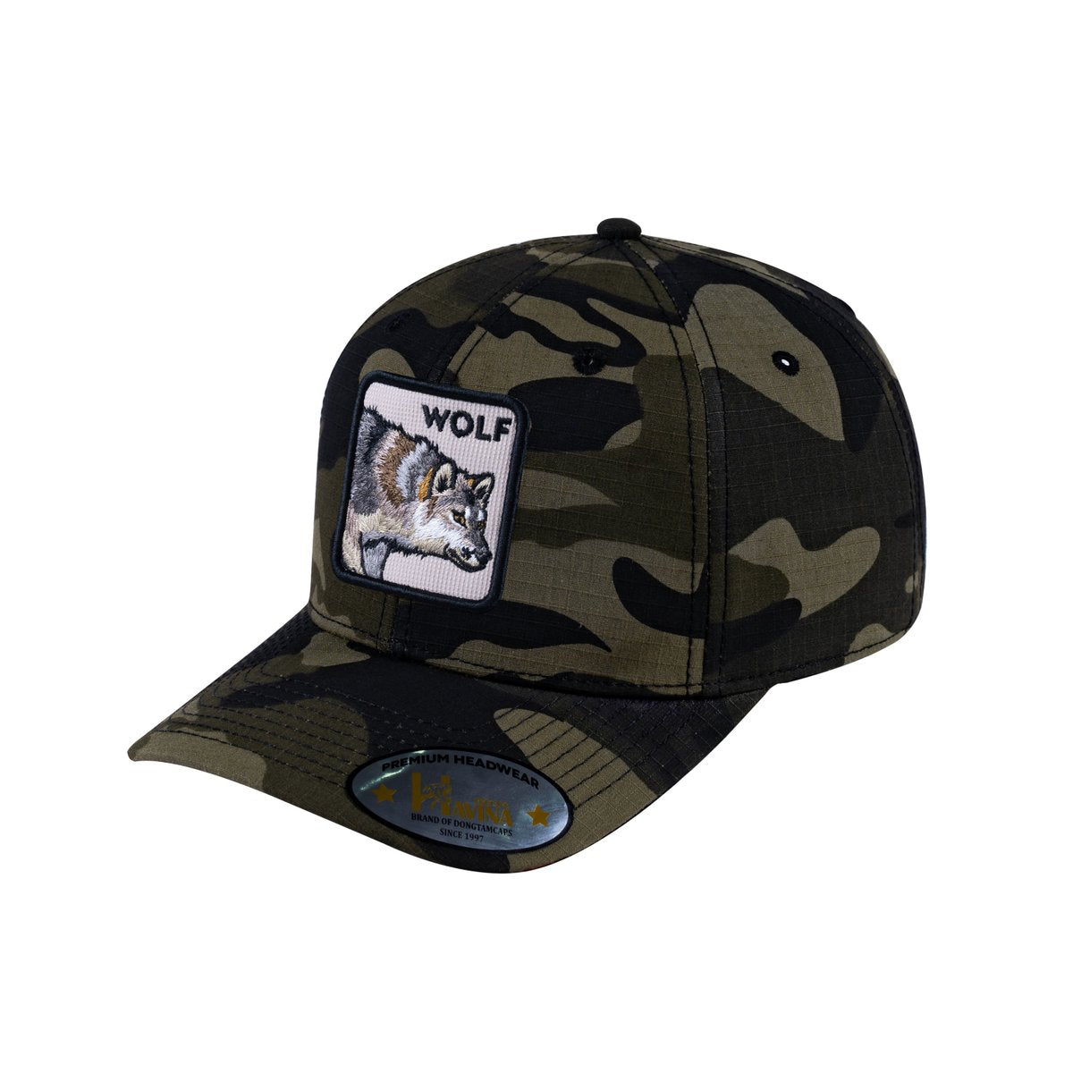 Unisex V2 Embroidered The Wolf, 6-Panel Baseball Cap, Green Camo/Green Camo, Adjustable Fit