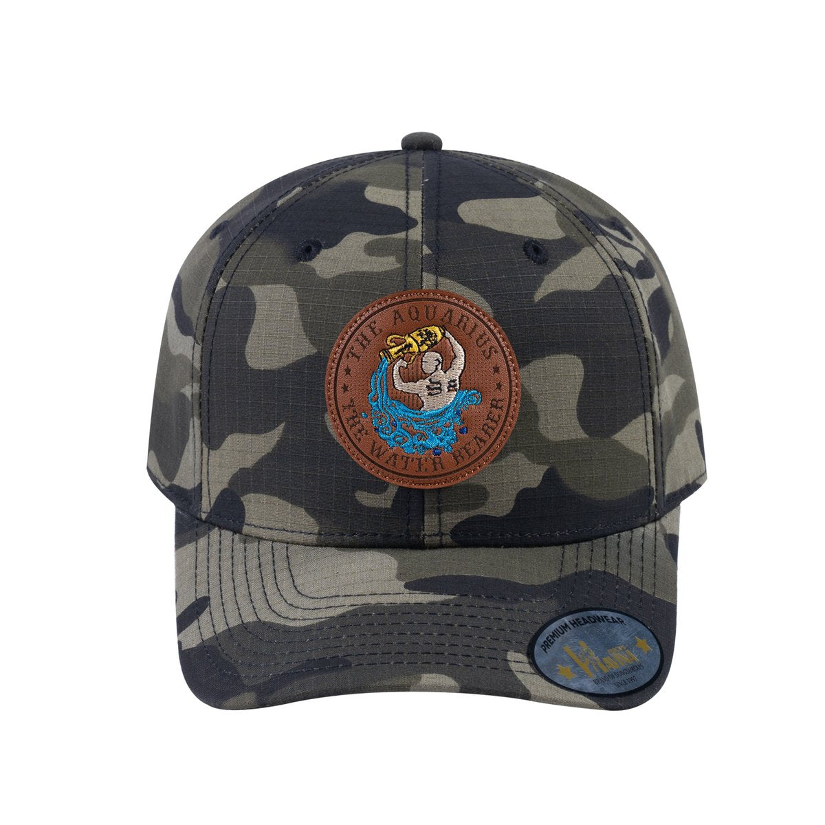 Unisex V2 Embroidered And Laser-Engraved Aquarius Zodiac (January 20, February 18), 6-Panel Baseball Cap, Green Camo/Green Camo, Adjustable Fit