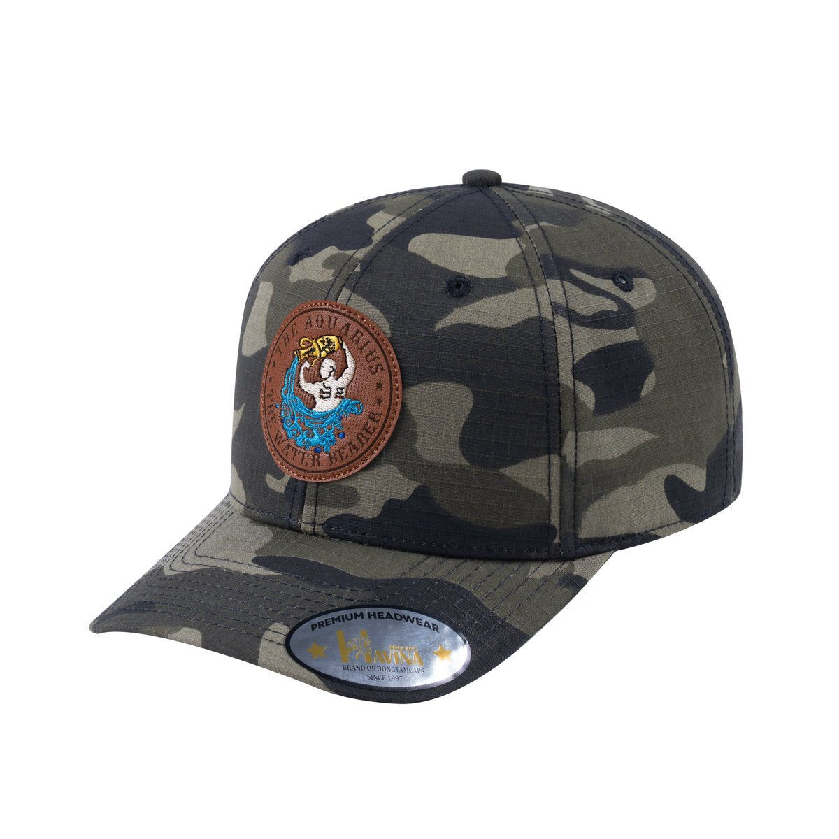 Unisex V2 Embroidered And Laser-Engraved Aquarius Zodiac (January 20, February 18), 6-Panel Baseball Cap, Green Camo/Green Camo, Adjustable Fit