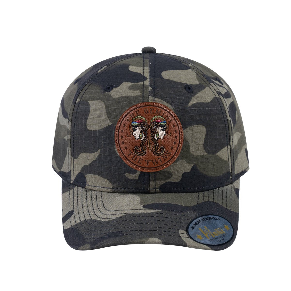 Unisex V2 Embroidered And Laser-Engraved Gemini Zodiac (May 21, June 20), 6-Panel Baseball Cap, Green Camo/Green Camo, Adjustable Fit