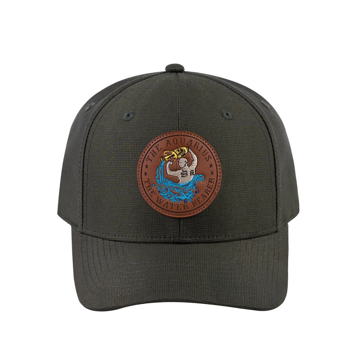 Unisex V2 Embroidered And Laser-Engraved Aquarius Zodiac (January 20, February 18), 6-Panel Baseball Cap, Olive/Olive, Adjustable Fit