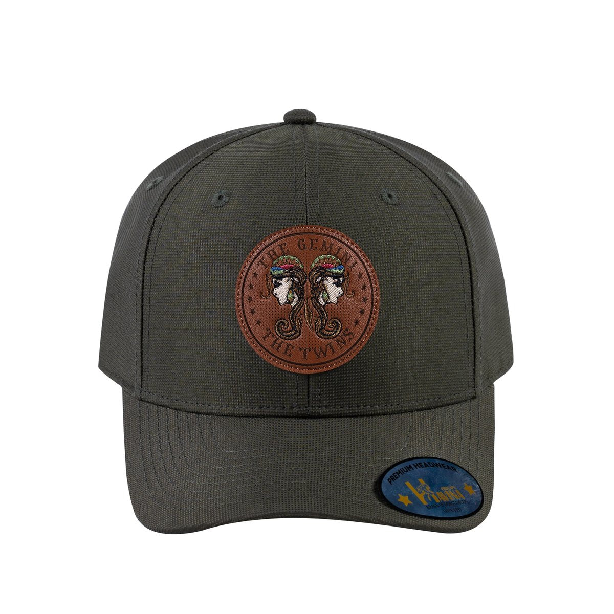 Unisex V2 Embroidered And Laser-Engraved Gemini Zodiac (May 21, June 20), 6-Panel Baseball Cap, Olive/Olive, Adjustable Fit