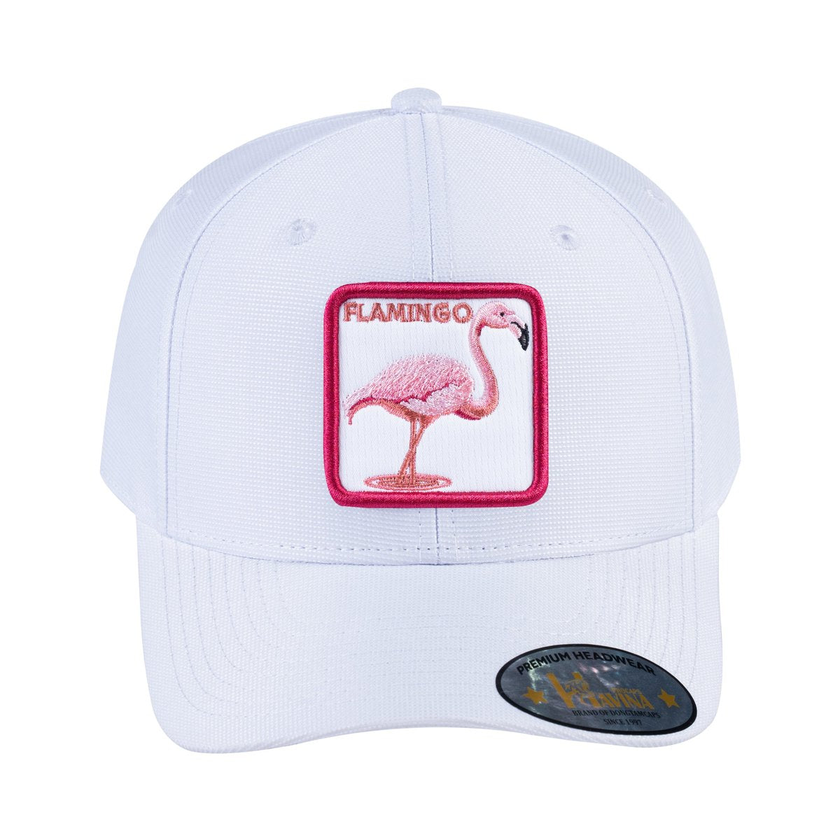 Unisex V2 Embroidered The Flamingo, 6-Panel Baseball Cap, White/White, Adjustable Fit