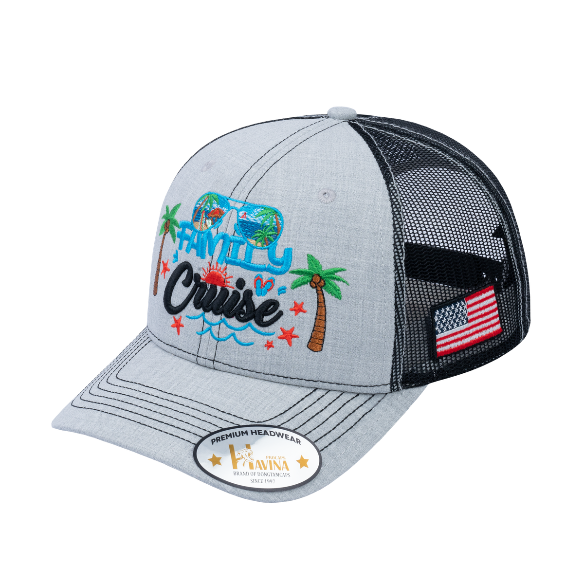 Unisex Embroidered Family Cruise, Traveling, 6-Panel Trucker Hat, Light Gray/Black, Classic, Adjustable Fit