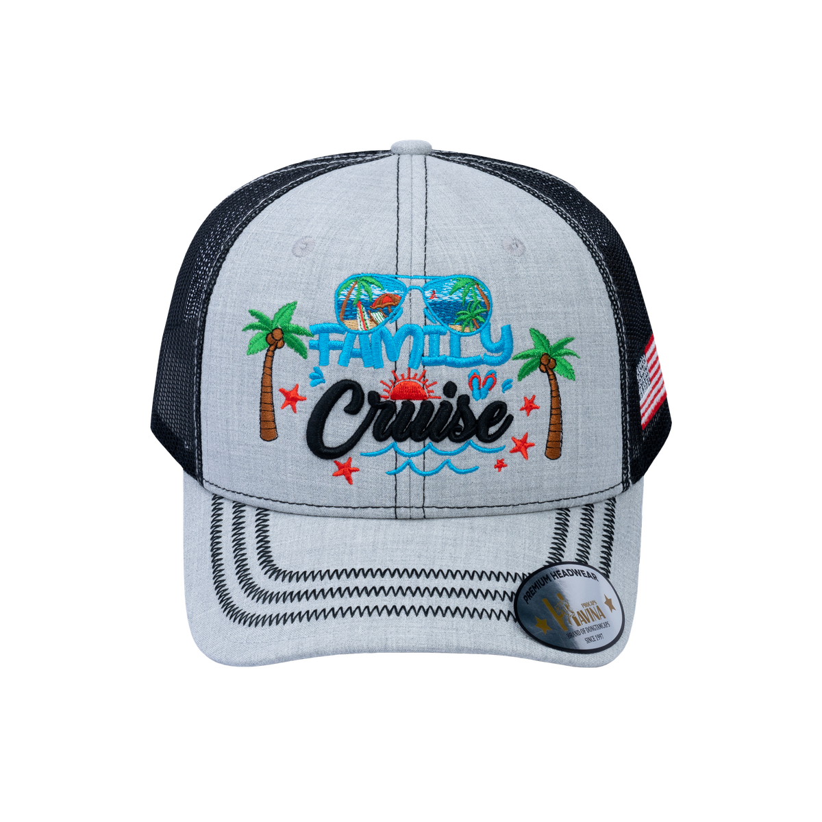 Unisex Embroidered Family Cruise, Traveling, 6-Panel Trucker Hat, Light Gray/Black, Zig Zag, Adjustable Fit