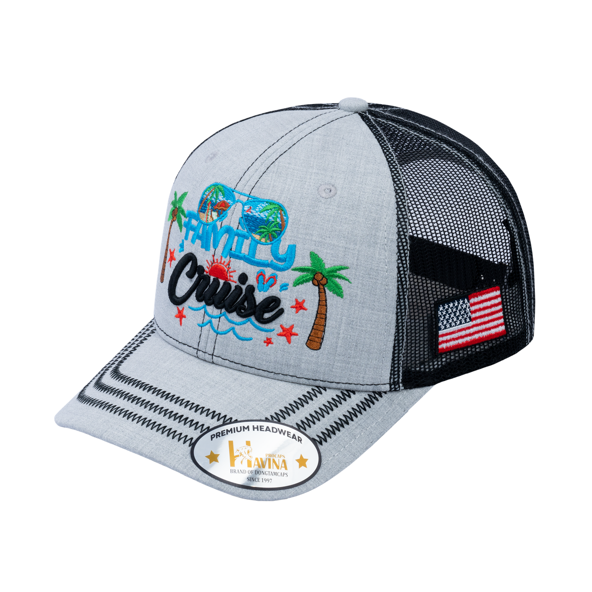 Unisex Embroidered Family Cruise, Traveling, 6-Panel Trucker Hat, Light Gray/Black, Zig Zag, Adjustable Fit