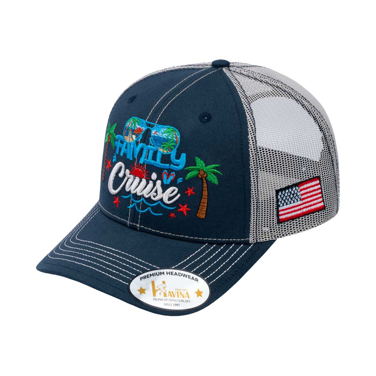 Unisex Embroidered Family Cruise, Traveling, 6-Panel Trucker Hat, Navy/Beige, Classic, Adjustable Fit
