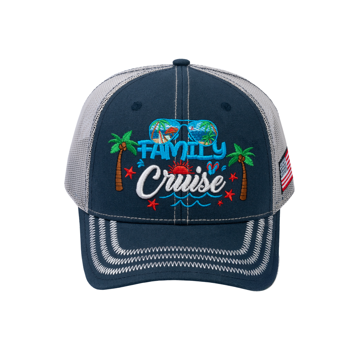 Unisex Embroidered Family Cruise, Traveling, 6-Panel Trucker Hat, Navy/Beige, Zig Zag, Adjustable Fit