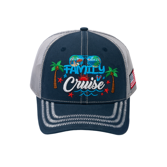 Family Cruise, Traveling 6-Panel Trucker Hat with Navy front and Beige back