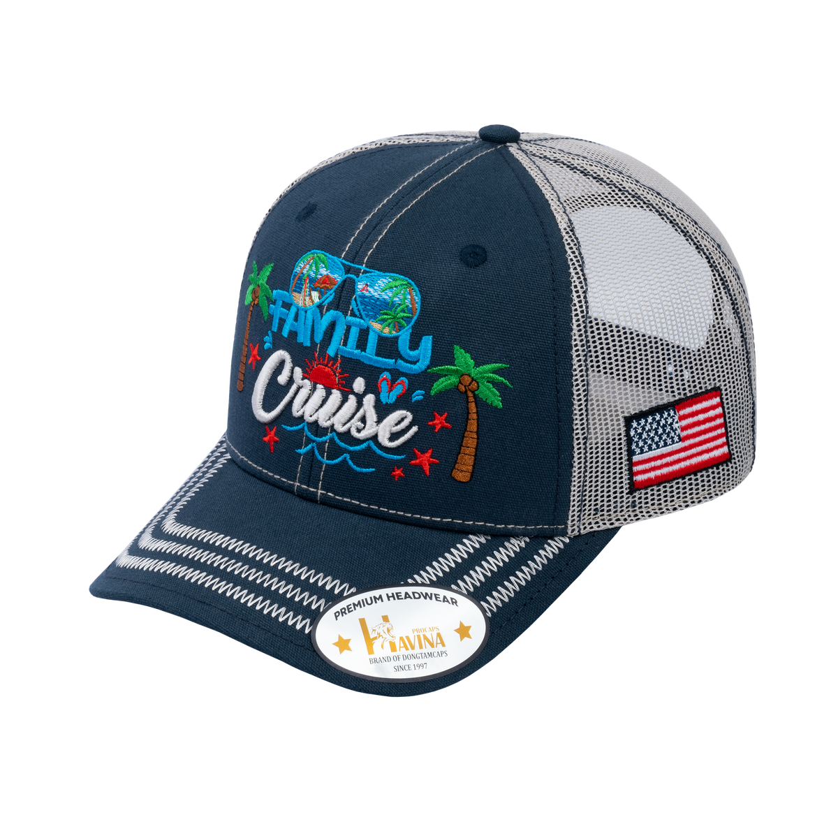 Unisex Embroidered Family Cruise, Traveling, 6-Panel Trucker Hat, Navy/Beige, Zig Zag, Adjustable Fit