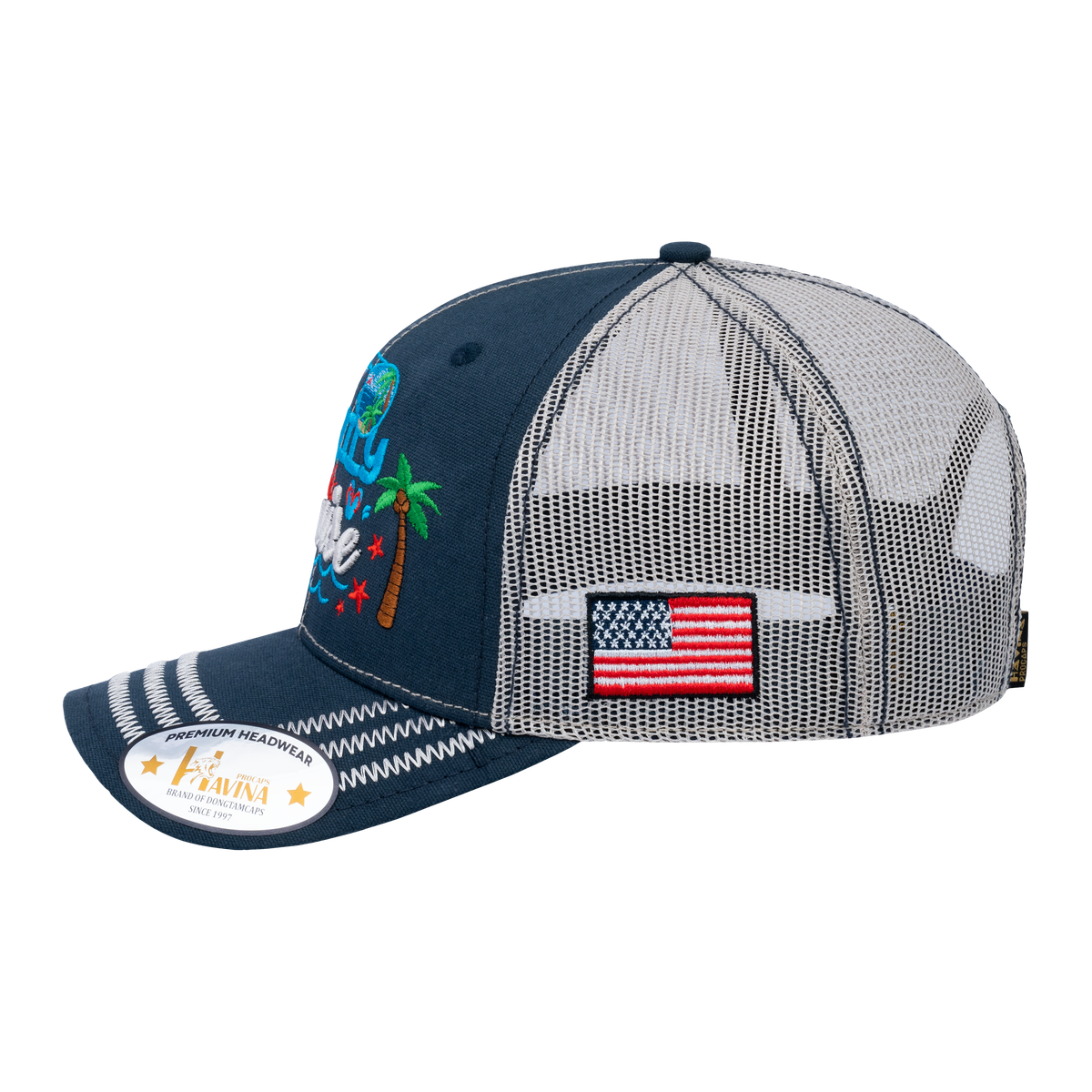 Unisex Embroidered Family Cruise, Traveling, 6-Panel Trucker Hat, Navy/Beige, Zig Zag, Adjustable Fit