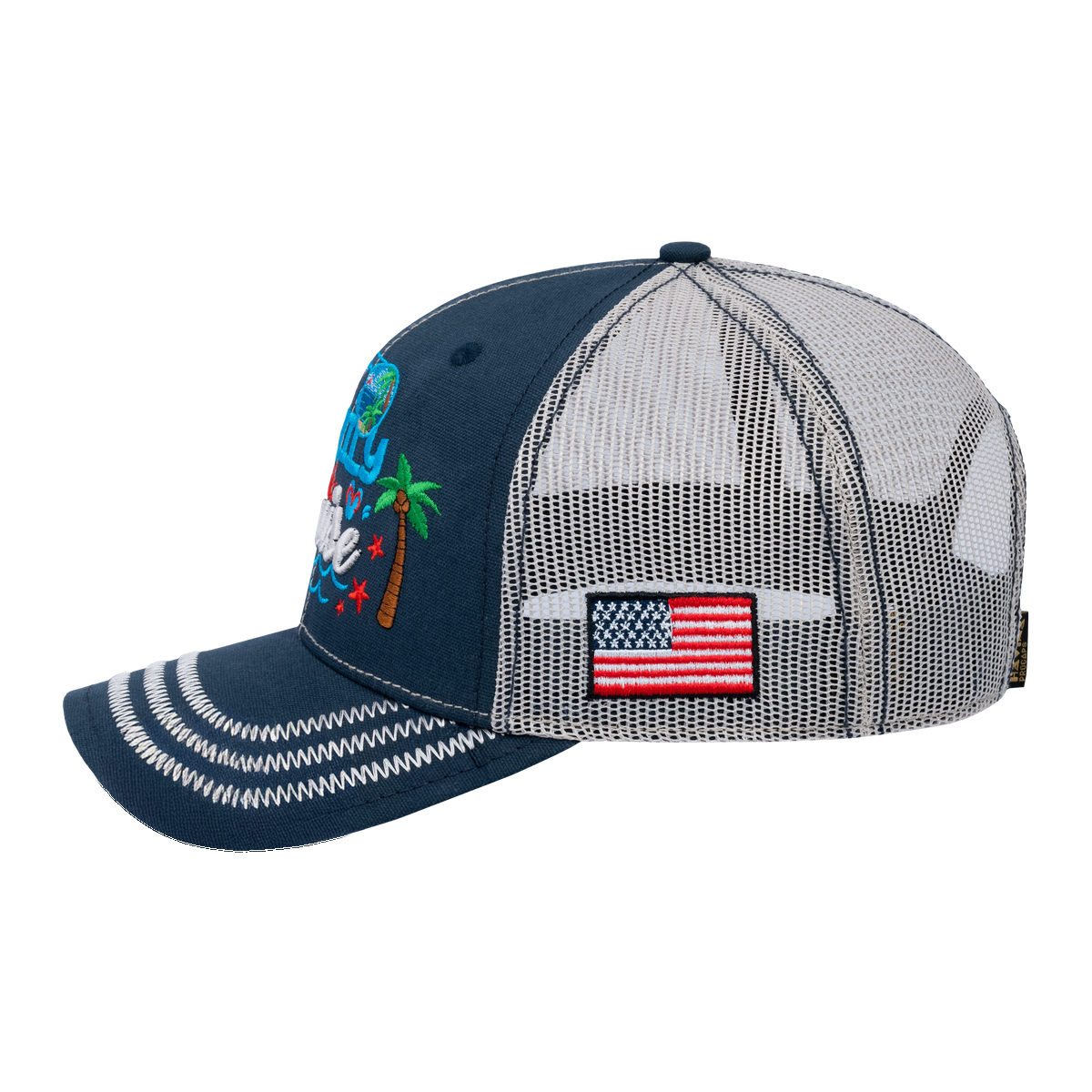 Unisex Embroidered Family Cruise, Traveling, 6-Panel Trucker Hat, Navy/Beige, Zig Zag, Adjustable Fit