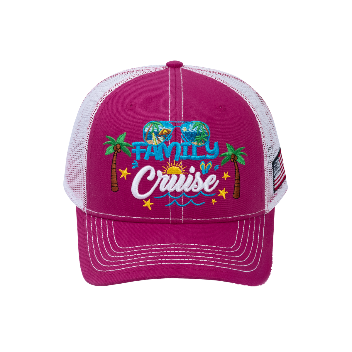 Unisex Embroidered Family Cruise, Traveling, 6-Panel Trucker Hat, Pink/White, Classic, Adjustable Fit