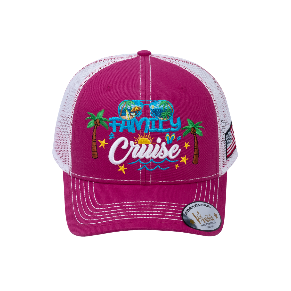 Unisex Embroidered Family Cruise, Traveling, 6-Panel Trucker Hat, Pink/White, Classic, Adjustable Fit