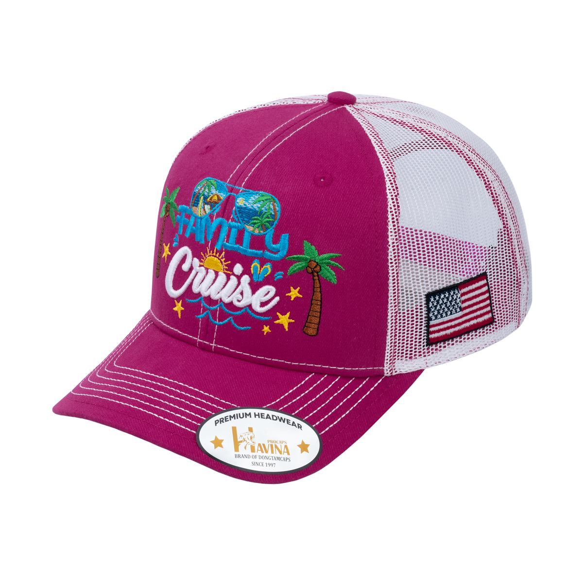 Unisex Embroidered Family Cruise, Traveling, 6-Panel Trucker Hat, Pink/White, Classic, Adjustable Fit