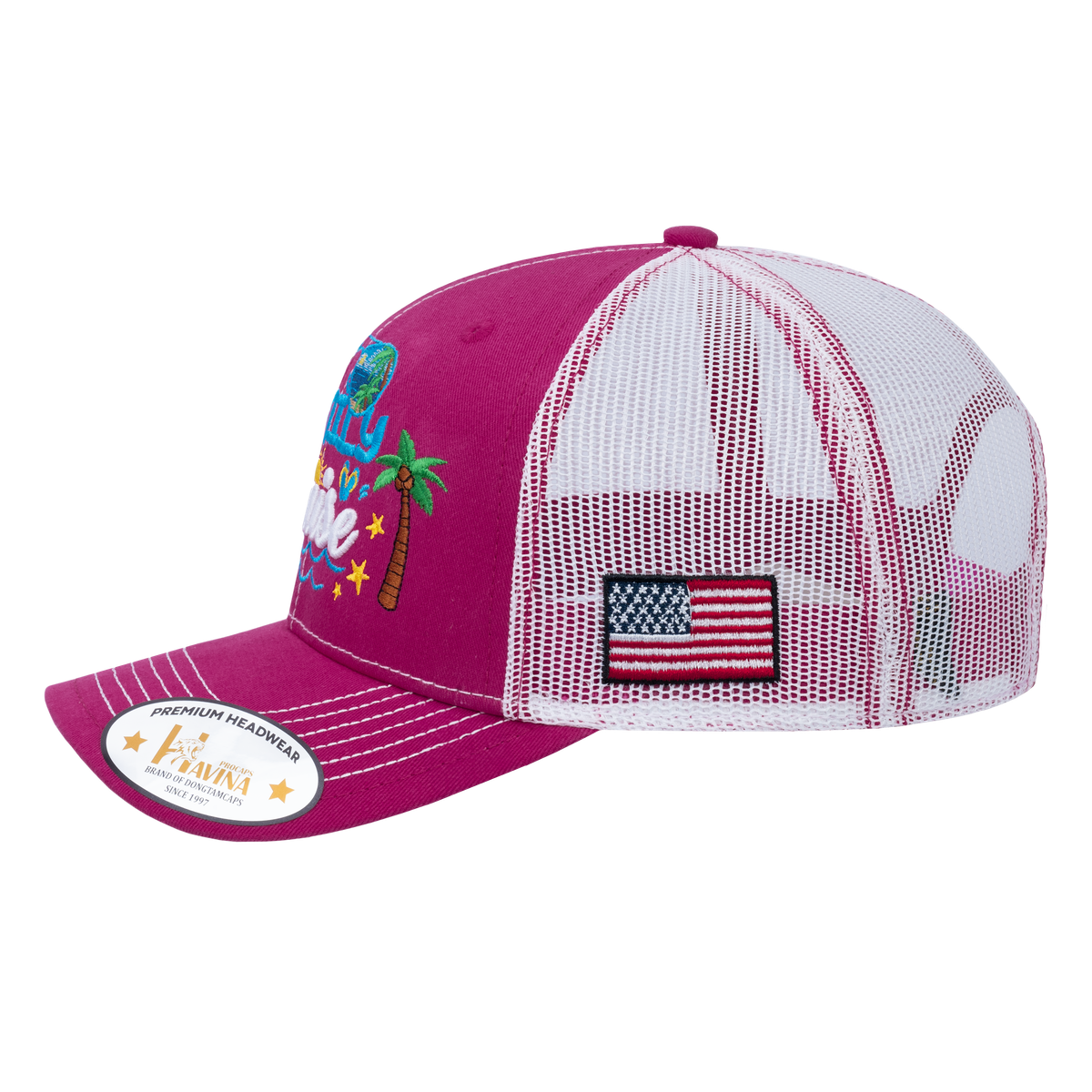 Unisex Embroidered Family Cruise, Traveling, 6-Panel Trucker Hat, Pink/White, Classic, Adjustable Fit