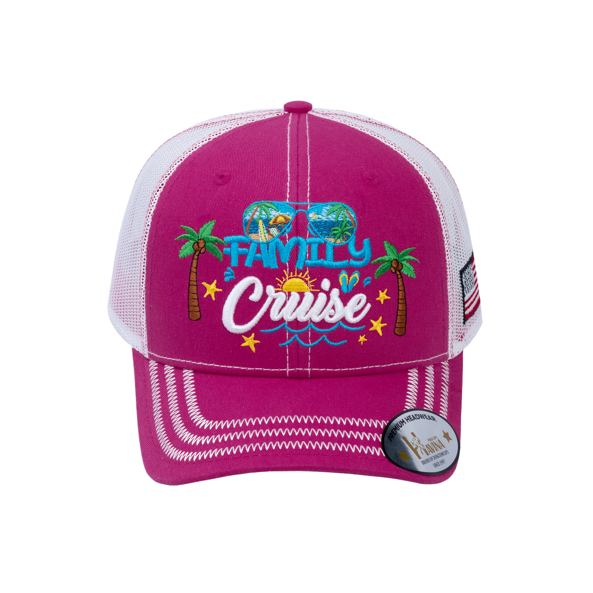 Unisex Embroidered Family Cruise, Traveling, 6-Panel Trucker Hat, Pink/White, Zig Zag, Adjustable Fit