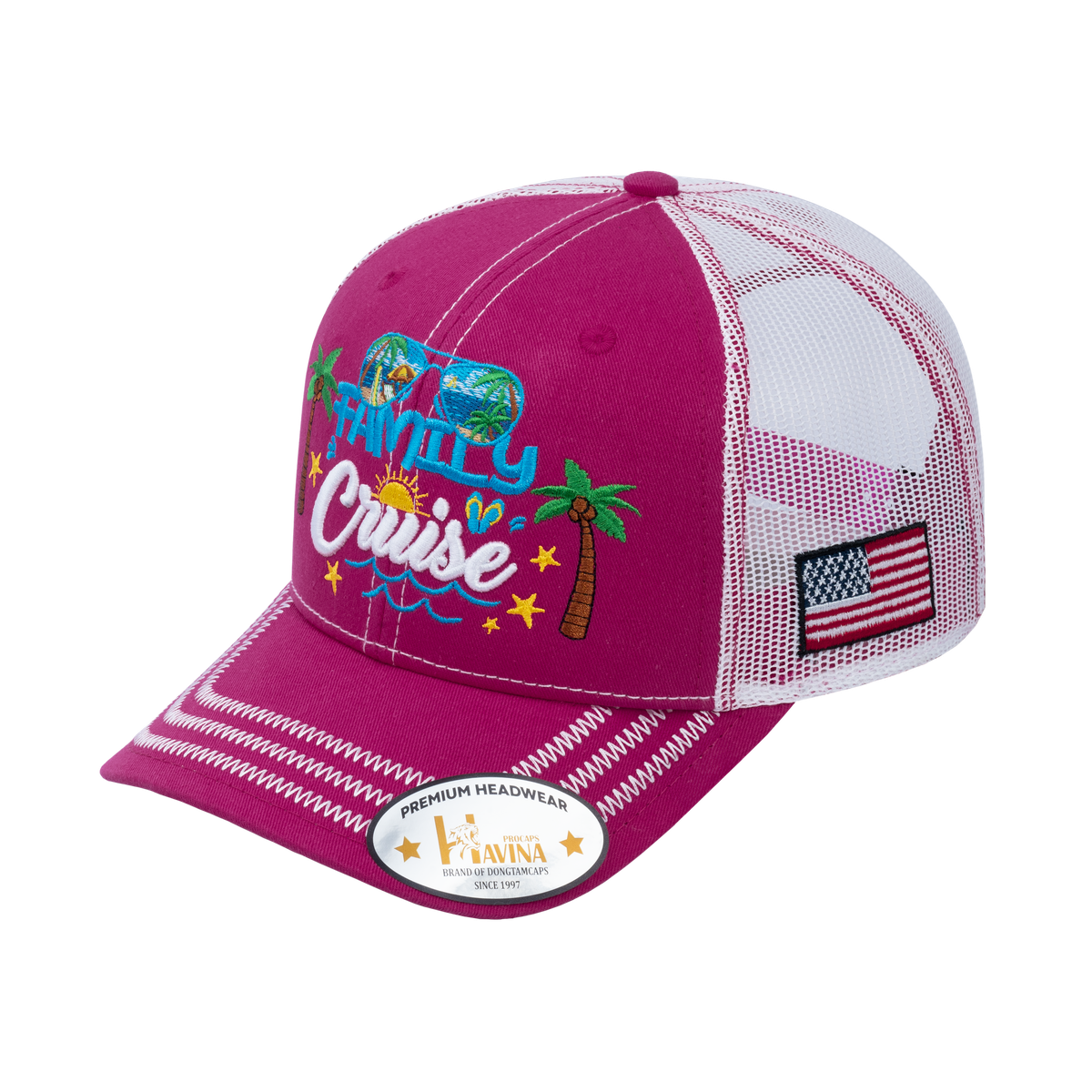Unisex Embroidered Family Cruise, Traveling, 6-Panel Trucker Hat, Pink/White, Zig Zag, Adjustable Fit