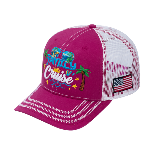 Family Cruise, Traveling 6-Panel Trucker Hat with Pink front and White back