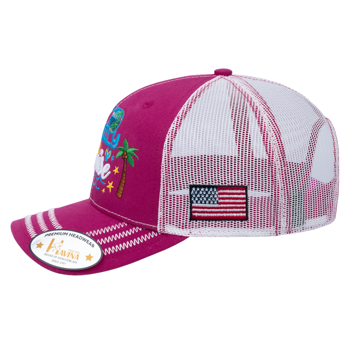 Unisex Embroidered Family Cruise, Traveling, 6-Panel Trucker Hat, Pink/White, Zig Zag, Adjustable Fit