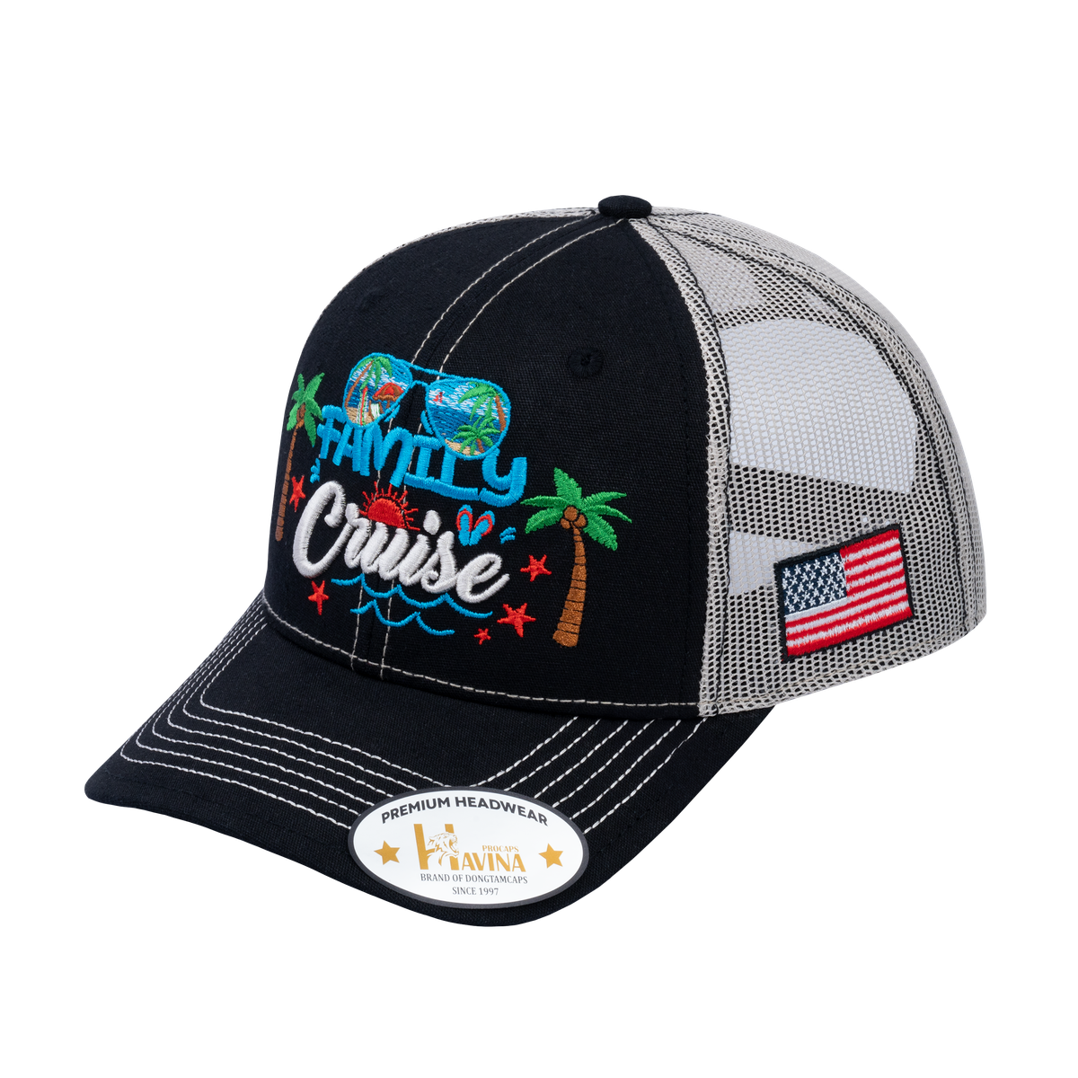 Unisex Embroidered Family Cruise, Traveling, 6-Panel Trucker Hat, Black/Beige, Classic, Adjustable Fit
