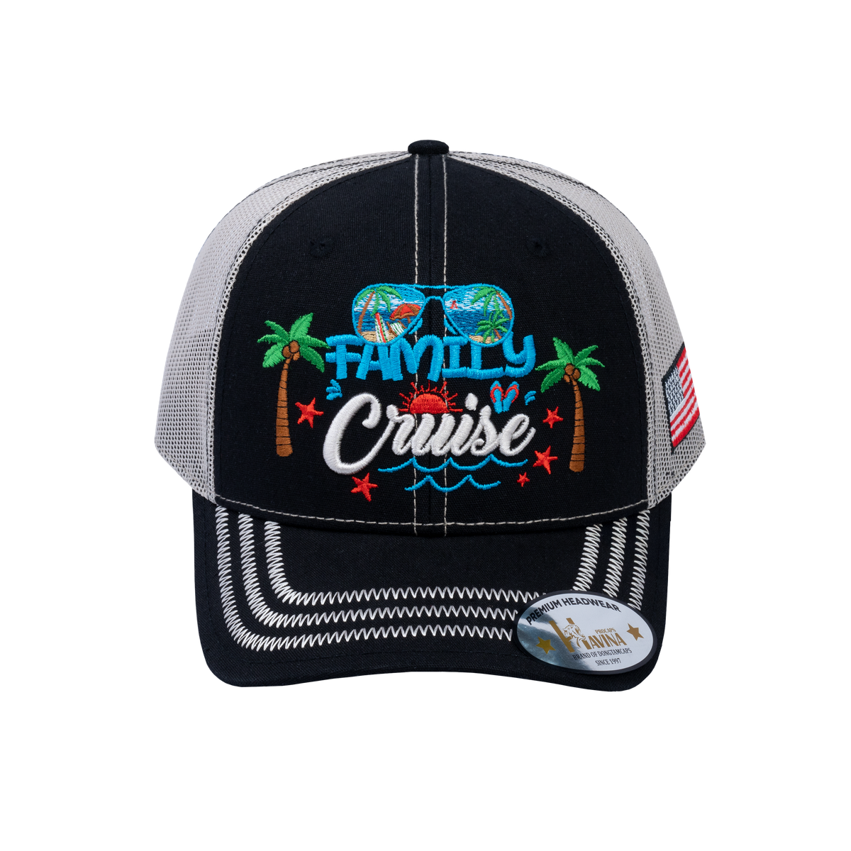 Unisex Embroidered Family Cruise, Traveling, 6-Panel Trucker Hat, Black/Beige, Zig Zag, Adjustable Fit