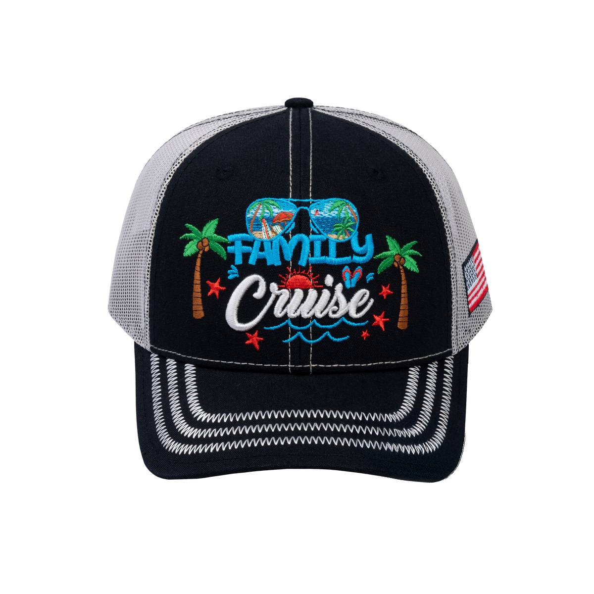 Unisex Embroidered Family Cruise, Traveling, 6-Panel Trucker Hat, Black/Beige, Zig Zag, Adjustable Fit