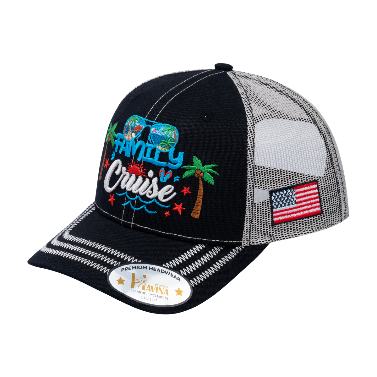 Unisex Embroidered Family Cruise, Traveling, 6-Panel Trucker Hat, Black/Beige, Zig Zag, Adjustable Fit