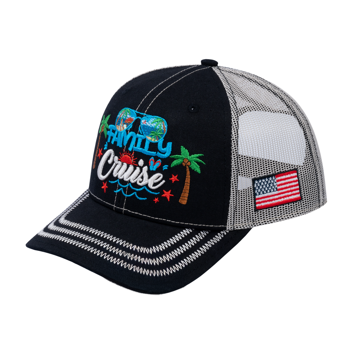 Unisex Embroidered Family Cruise, Traveling, 6-Panel Trucker Hat, Black/Beige, Zig Zag, Adjustable Fit