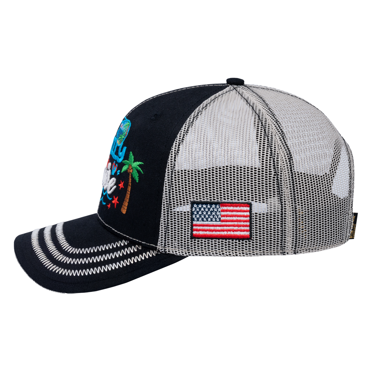 Unisex Embroidered Family Cruise, Traveling, 6-Panel Trucker Hat, Black/Beige, Zig Zag, Adjustable Fit