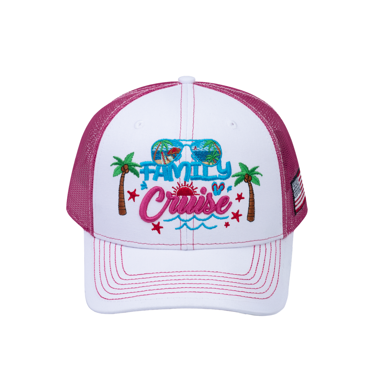 Unisex Embroidered Family Cruise, Traveling, 6-Panel Trucker Hat, White/Pink, Classic, Adjustable Fit