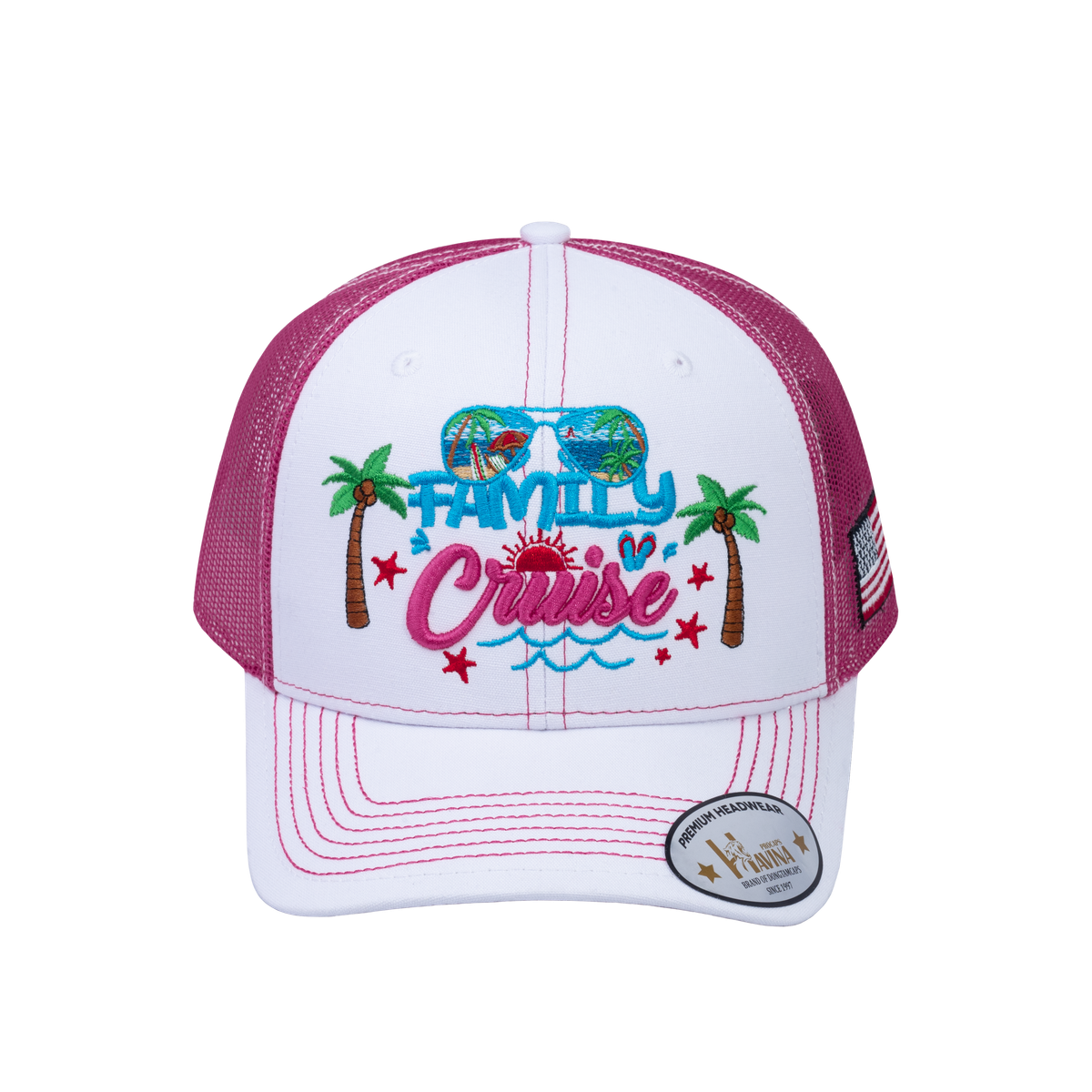 Unisex Embroidered Family Cruise, Traveling, 6-Panel Trucker Hat, White/Pink, Classic, Adjustable Fit