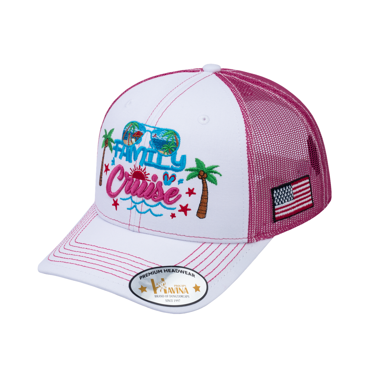 Unisex Embroidered Family Cruise, Traveling, 6-Panel Trucker Hat, White/Pink, Classic, Adjustable Fit