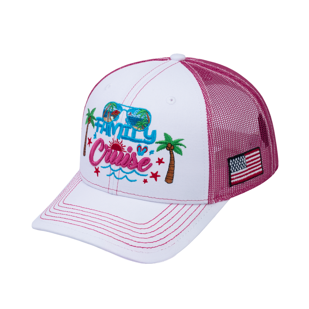 Unisex Embroidered Family Cruise, Traveling, 6-Panel Trucker Hat, White/Pink, Classic, Adjustable Fit