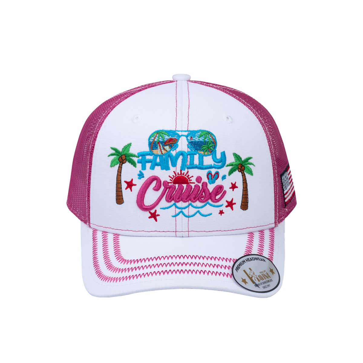Unisex Embroidered Family Cruise, Traveling, 6-Panel Trucker Hat, White/Pink, Zig Zag, Adjustable Fit