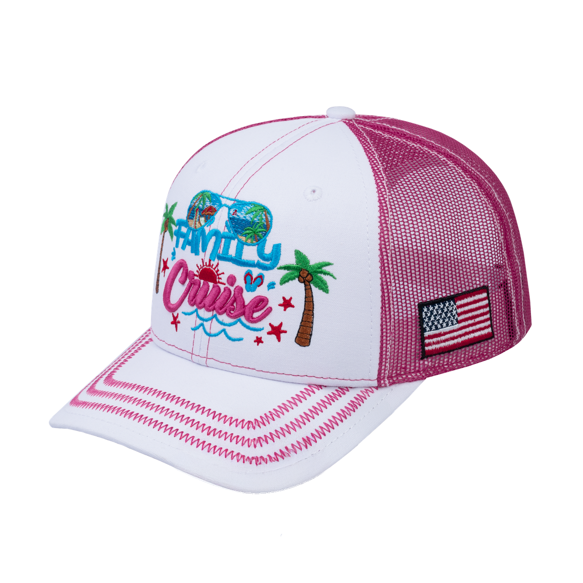Unisex Embroidered Family Cruise, Traveling, 6-Panel Trucker Hat, White/Pink, Zig Zag, Adjustable Fit
