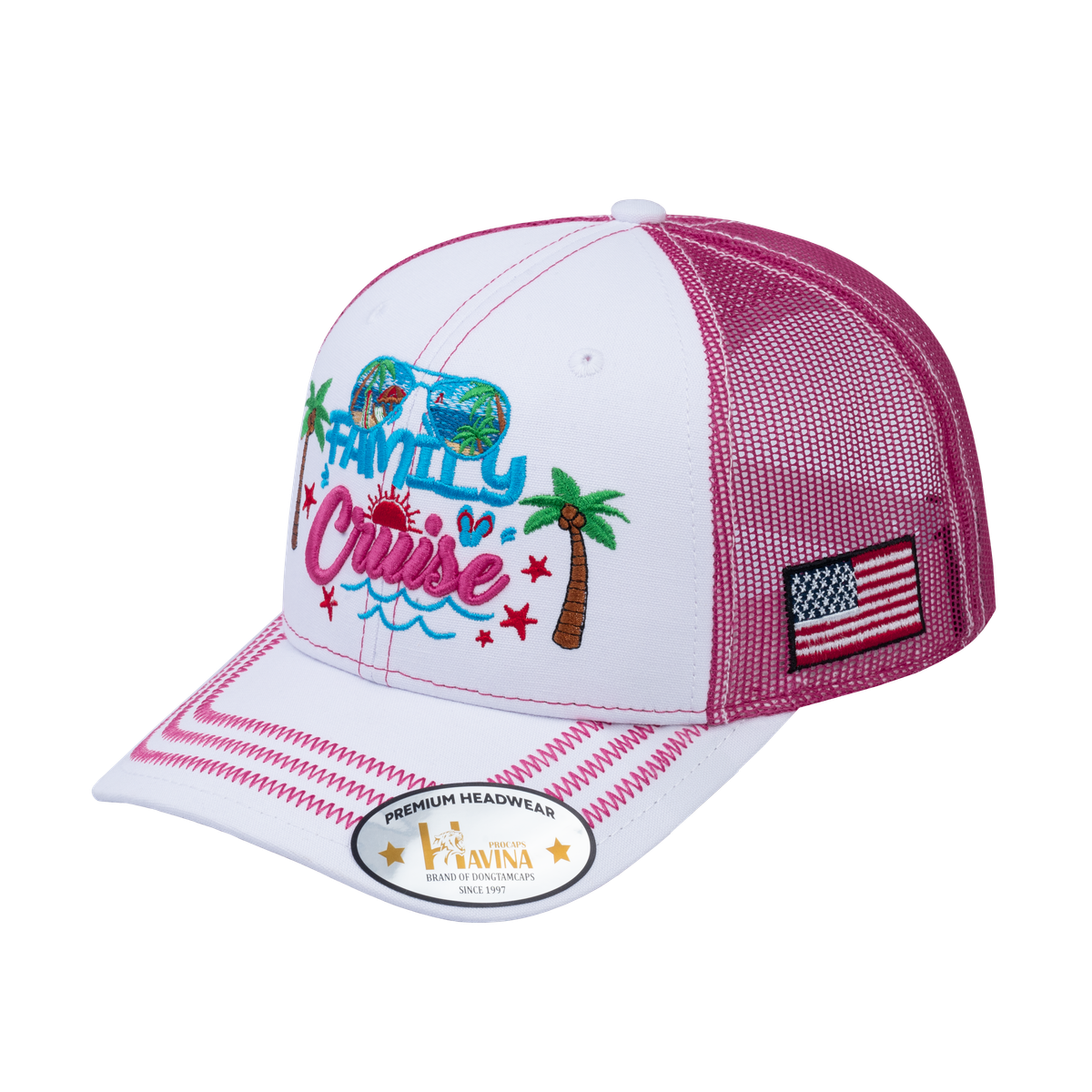 Unisex Embroidered Family Cruise, Traveling, 6-Panel Trucker Hat, White/Pink, Zig Zag, Adjustable Fit